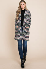 BOMBOM Geometric Open Front Long Sleeve Cardigan with Pockets - Trendsi