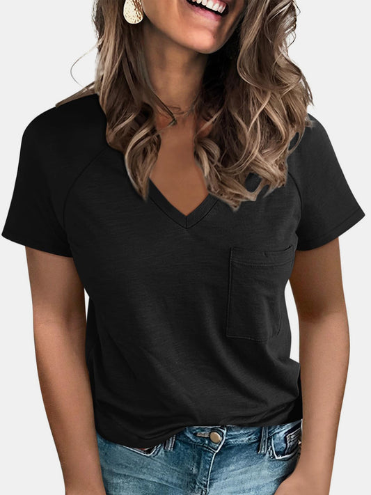 Pocketed V-Neck Short Sleeve T-Shirt Trendsi