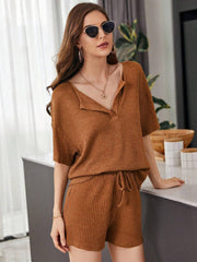 Full Size Waffle-Knit Dropped Shoulder Top and Shorts Set - Trendsi