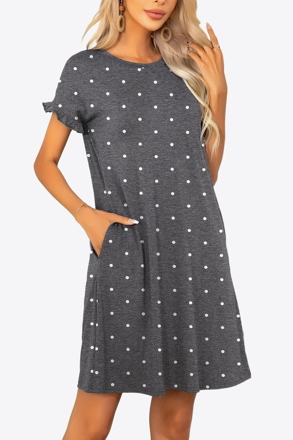 Flounce Sleeve Round Neck Dress with Pockets - Flyclothing LLC