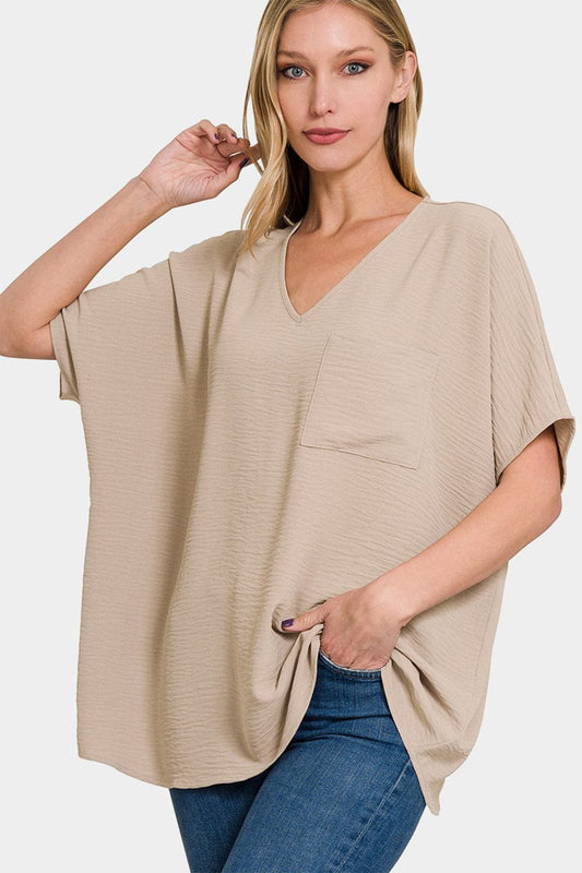 Zenana Full Size Texture V-Neck Short Sleeve Top - Flyclothing LLC