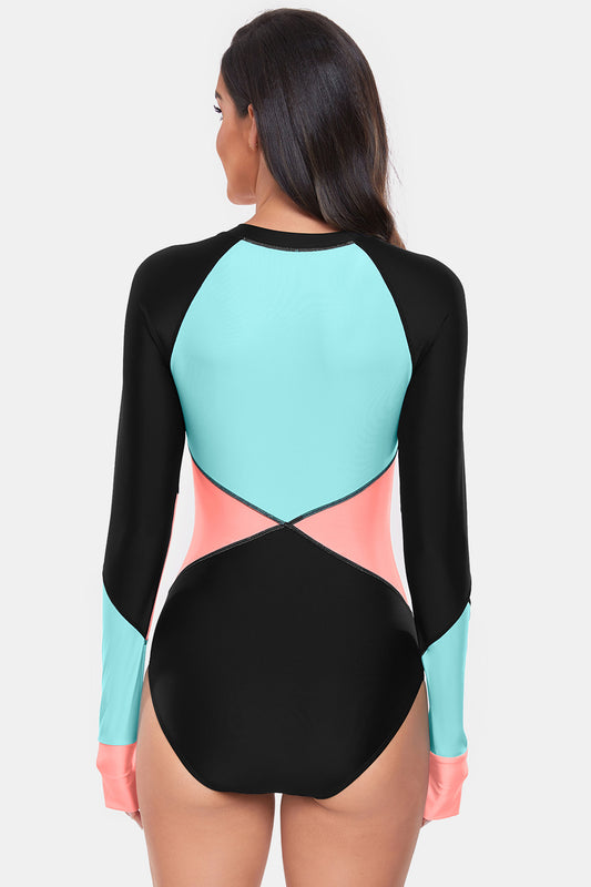 Color Block Half Zip Long Sleeve One-Piece Swimwear