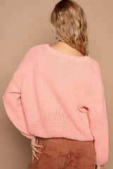 POL Crochet Flower Round Neck Dropped Shoulder Sweater