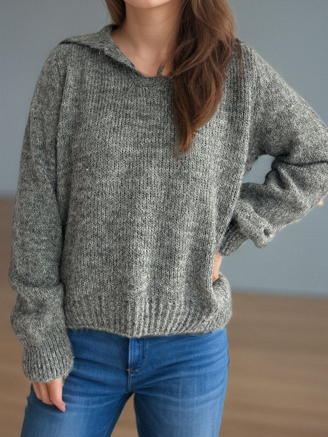 Collared Neck Long Sleeve Sweater - Trendsi