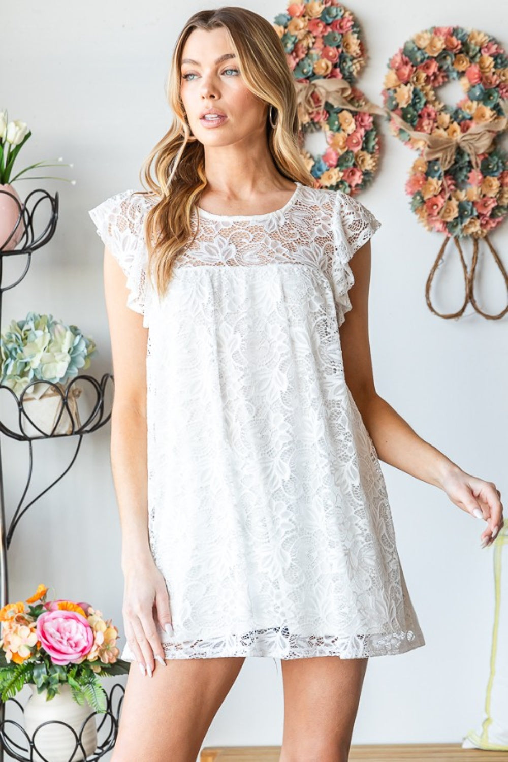 Heimish Full Size Round Neck Cap Sleeve Lace Top - Flyclothing LLC