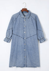 Distressed Collared Neck Flounce Sleeve Denim Dress