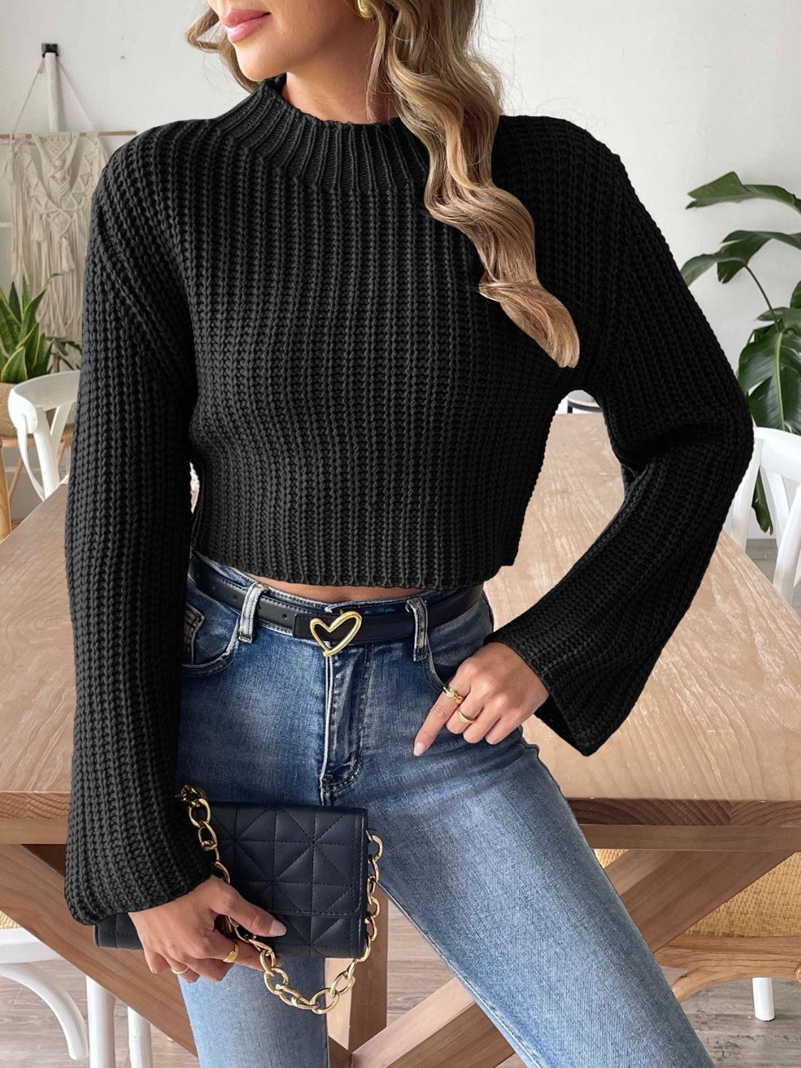 Mock Neck Long Sleeve Sweater - Trendsi