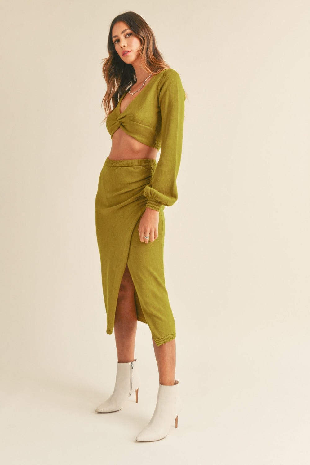 MABLE Front Twisted Knit Top and Midi Skirt Set - Trendsi