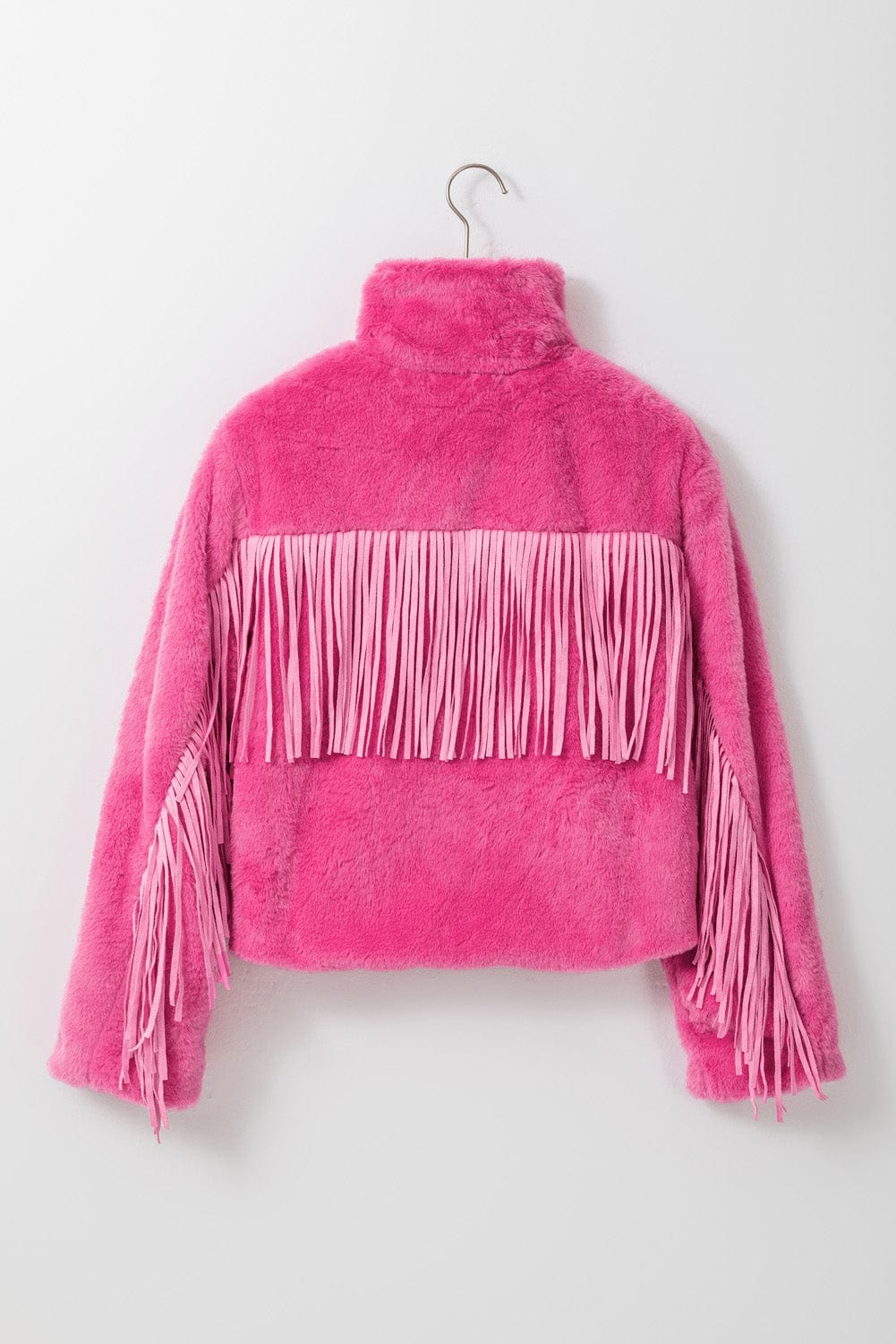 Fringed Zip Up Fleece Jacket - Trendsi