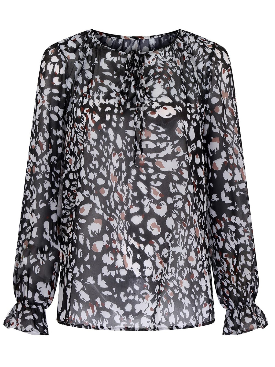 Printed Tie Neck Long Sleeve Blouse - Flyclothing LLC