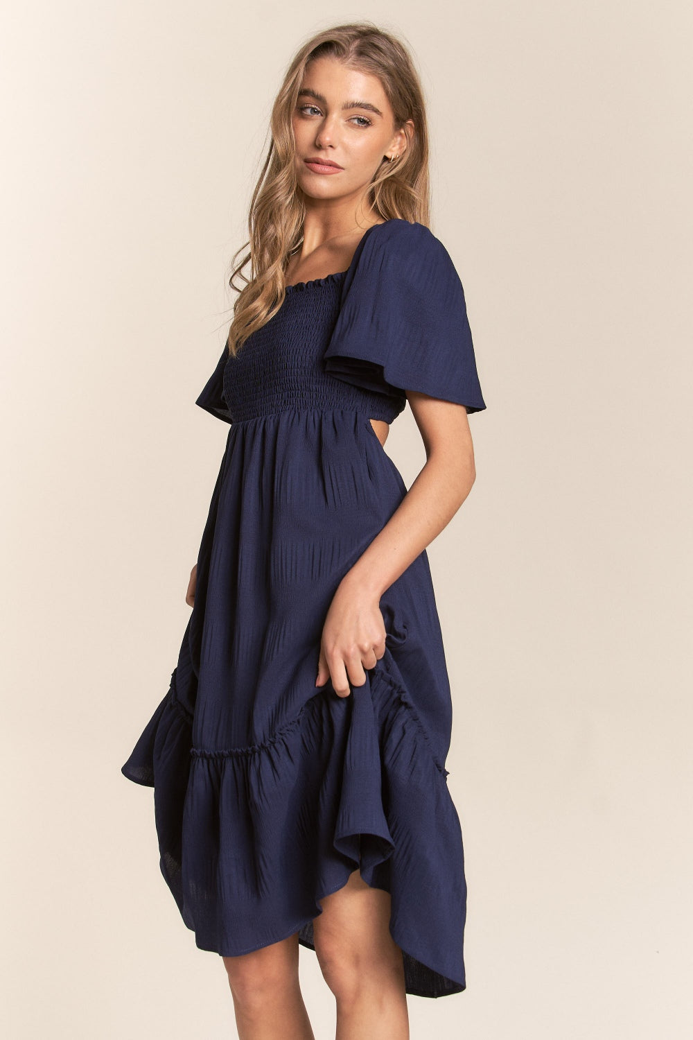 J.NNA Smocked Bow Back Ruffle Hem Dress - Flyclothing LLC