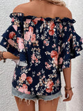 Printed Off-Shoulder Flounce Sleeve Blouse - Flyclothing LLC