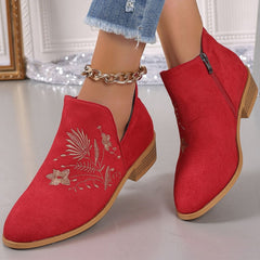 Embroidered Suede Point Toe Block Heel Boots - Trendsi