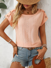 Mandy Eyelet Round Neck Short Sleeve Top - Trendsi