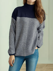 Contrast Turtleneck Long Sleeve Sweater - Trendsi