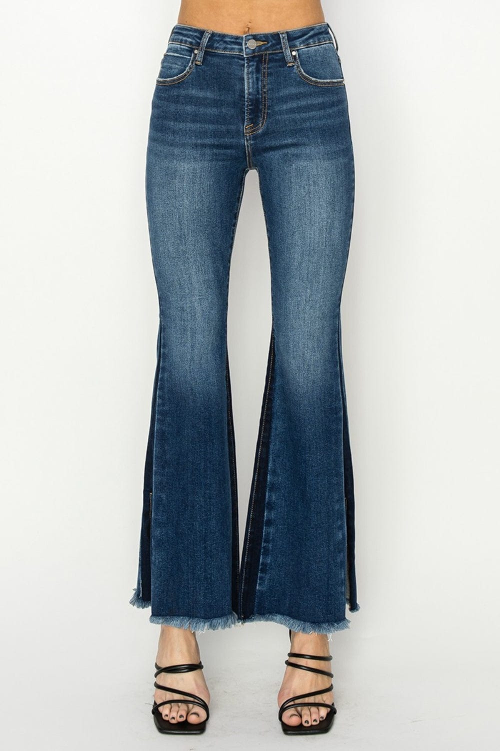 RISEN Full Size High Rise Side Shadow Seam Detail Slit Flare Jeans - Trendsi