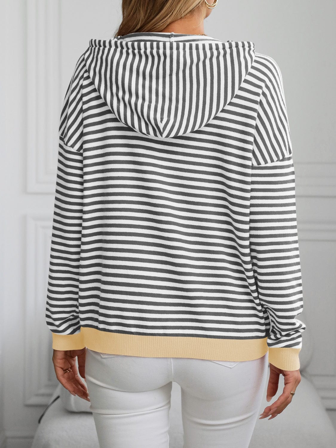 Mandy Striped Long Sleeve Hooded Knit Top - Trendsi