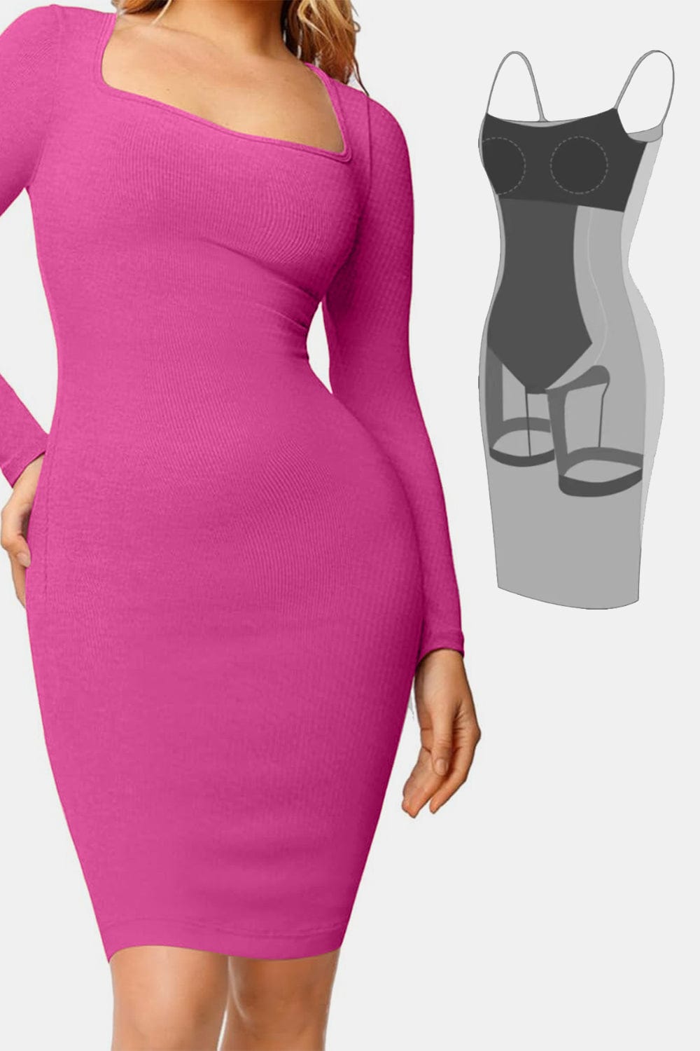 Basic Bae Full Size Built-In Shapewear Square Neck Long Sleeve Dress - Trendsi