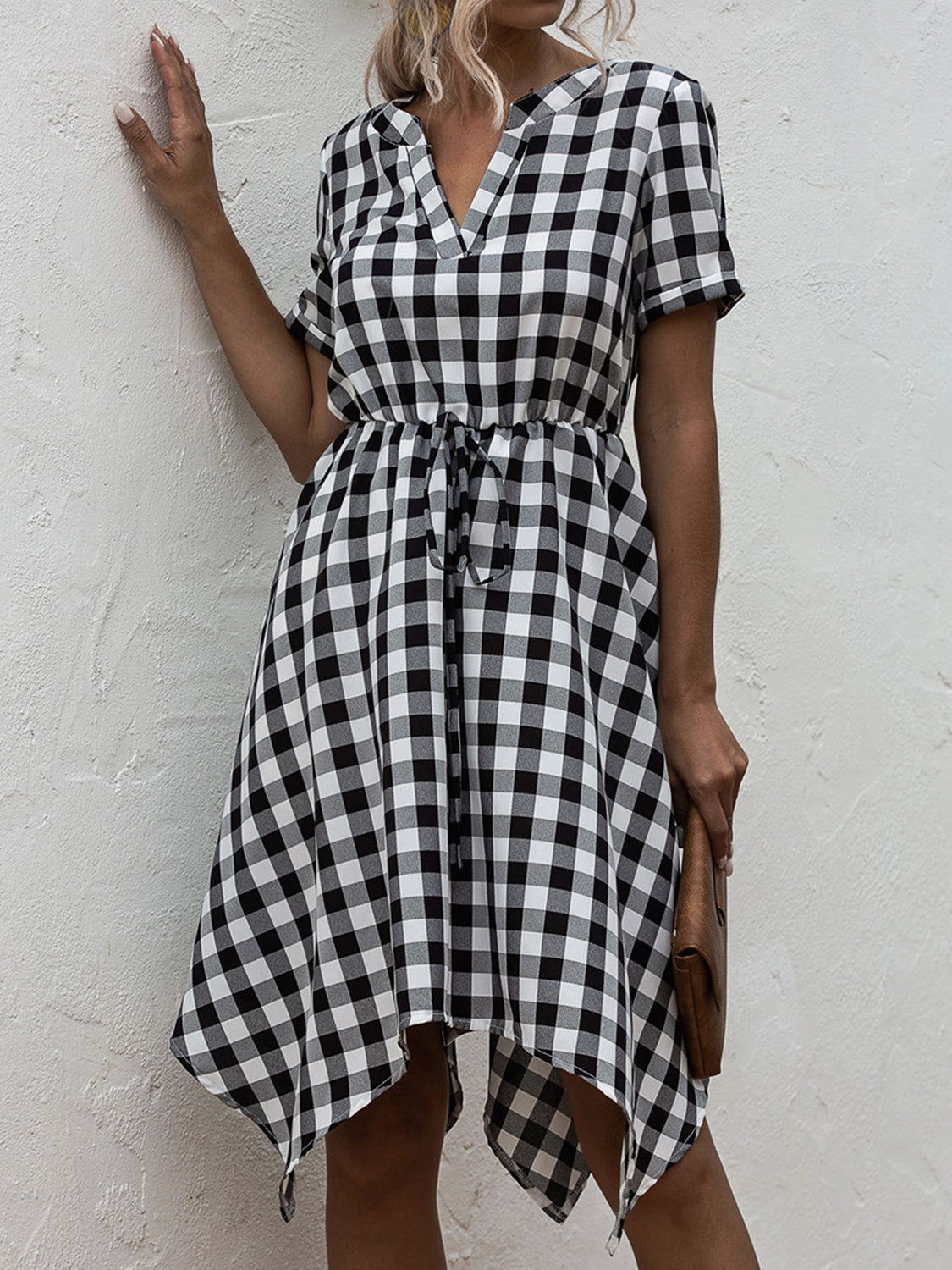 Plaid Notched Short Sleeve Dress Trendsi