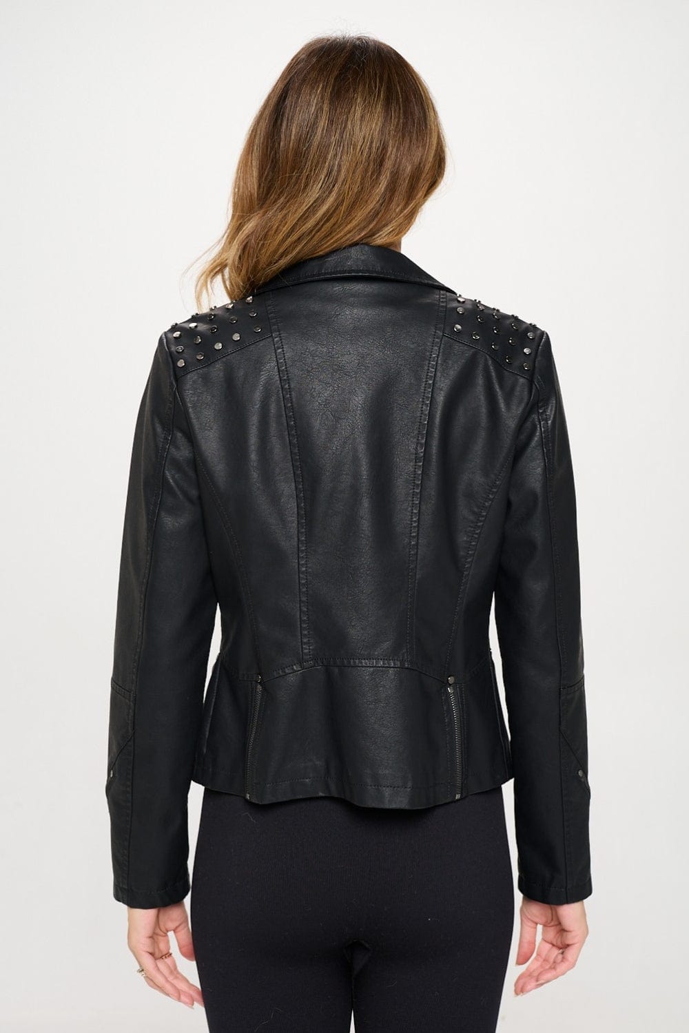 Coalition LA Studded Classic Moto Faux Leather Jacket - Trendsi