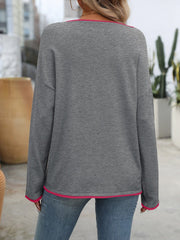 Contrast Trim Round Neck Long Sleeve Sweater - Trendsi