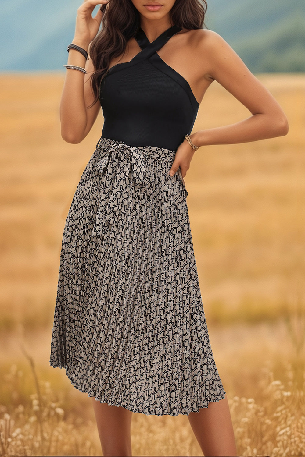 Crisscross Printed Halter Neck Dress - Flyclothing LLC