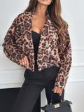 Leopard Collared Neck Cropped Jacket - Trendsi