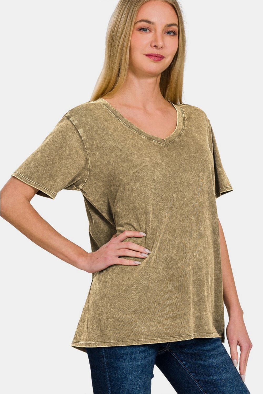 Zenana Washed Short Sleeve V-Neck T-Shirt Trendsi