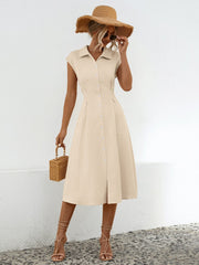 Button Up Cap Sleeve Midi Dress - Flyclothing LLC