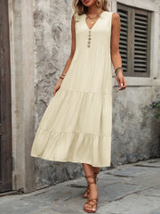 Decorative Button Notched Sleeveless Dress Trendsi