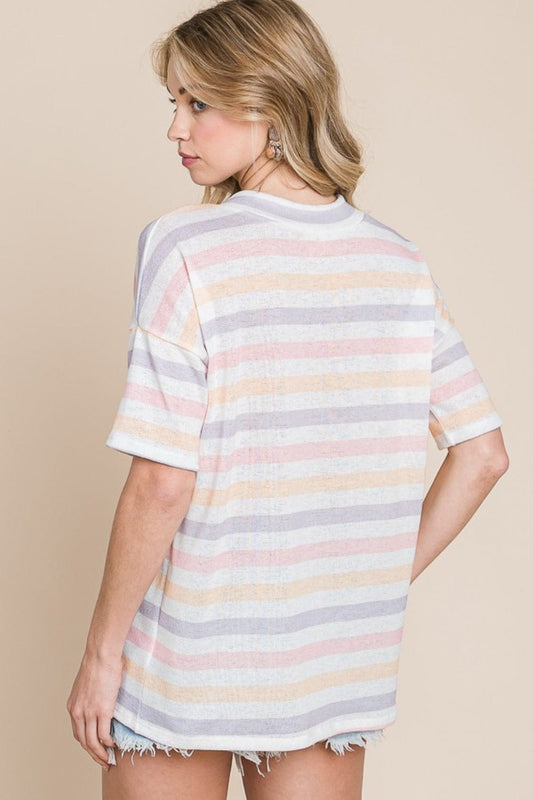 BOMBOM Striped V-Neck Short Sleeve T-Shirt - Trendsi