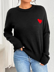 Heart Round Neck Long Sleeve Sweater - Trendsi