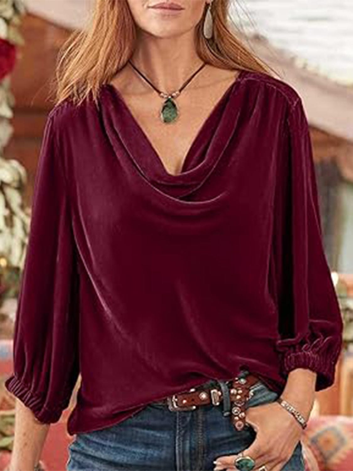 Cowl Neck Three-Quarter Sleeve Top - Trendsi