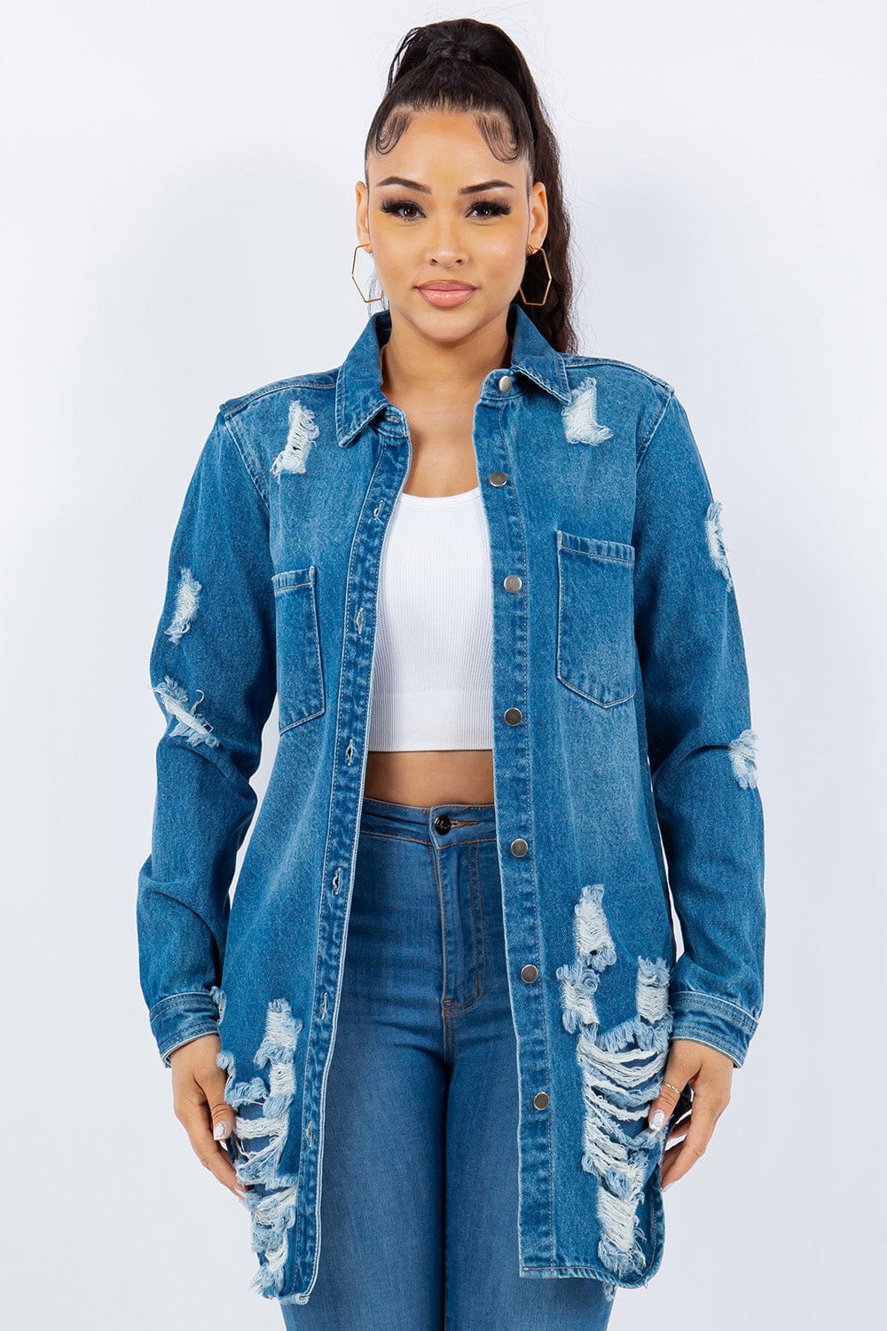 American Bazi Distressed Button Up Long Sleeve Denim Jacket - Trendsi