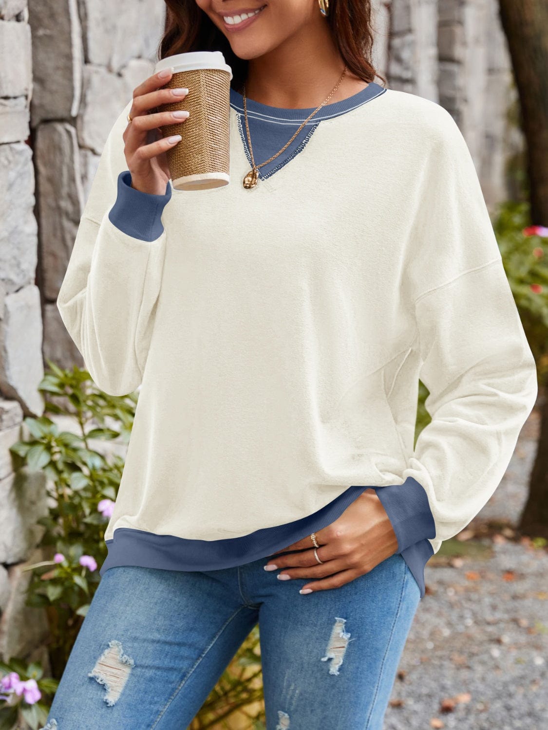 Contrast Round Neck Long Sleeve Sweatshirt - Trendsi