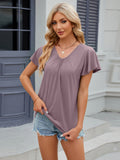 Ruched V-Neck Short Sleeve T-Shirt - Flyclothing LLC