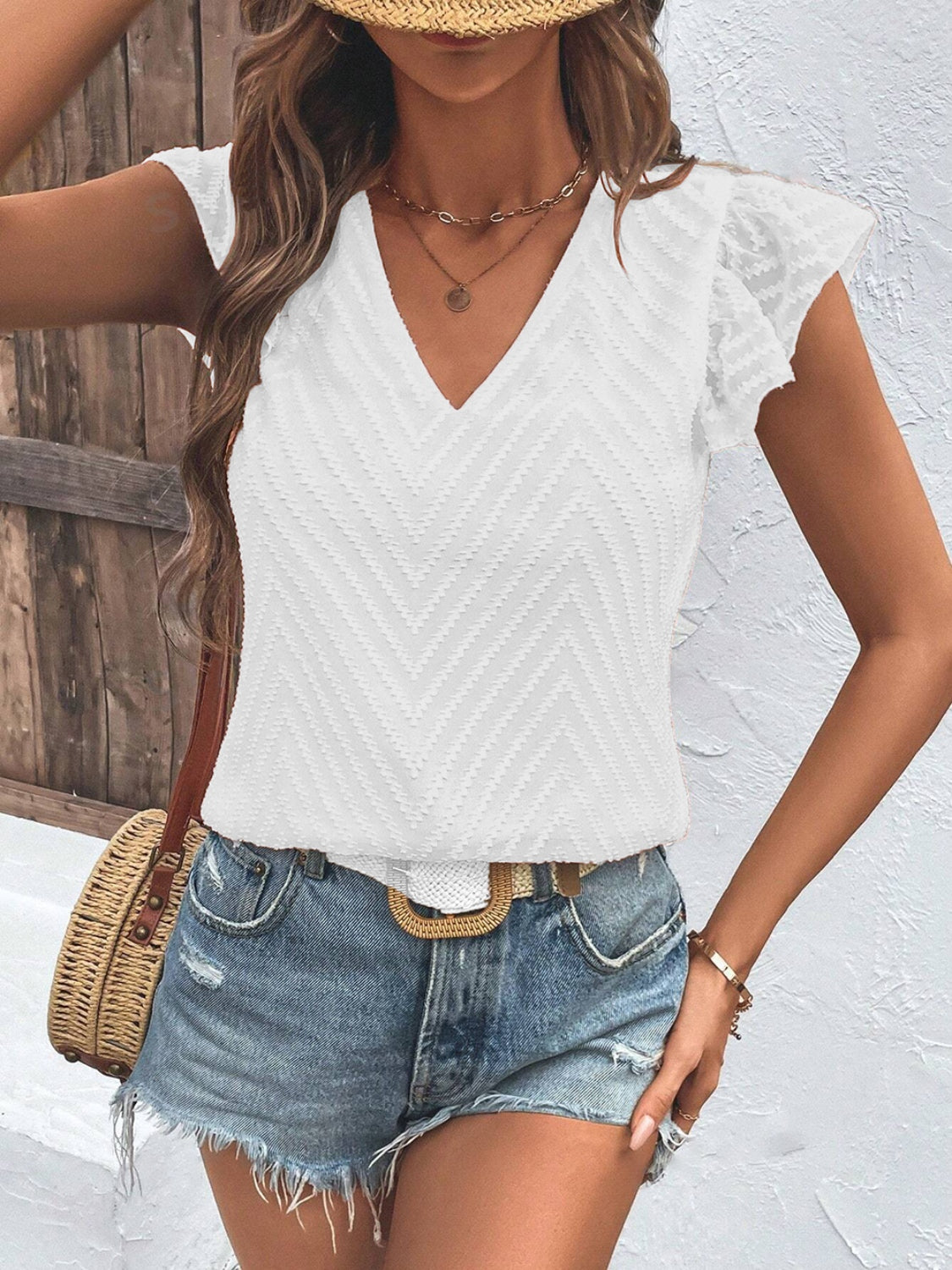 Textured V-Neck Cap Sleeve Blouse Trendsi