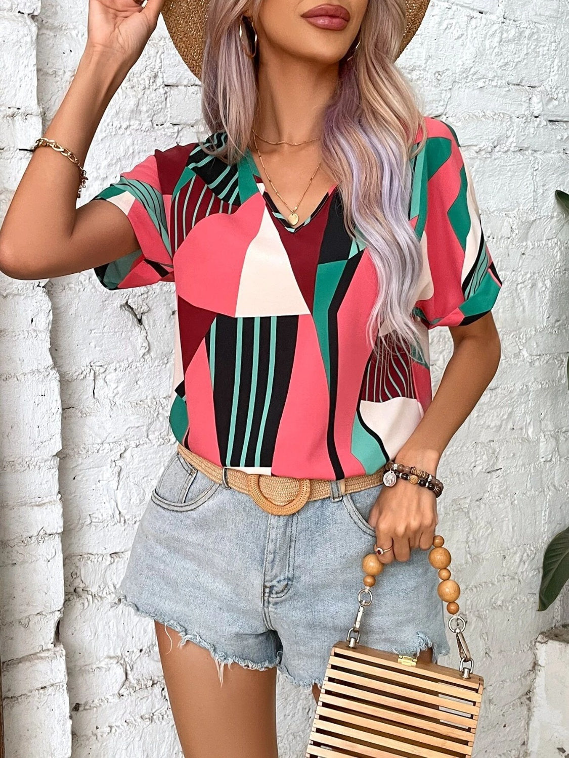 Printed V-Neck Short Sleeve Blouse - Flyclothing LLC