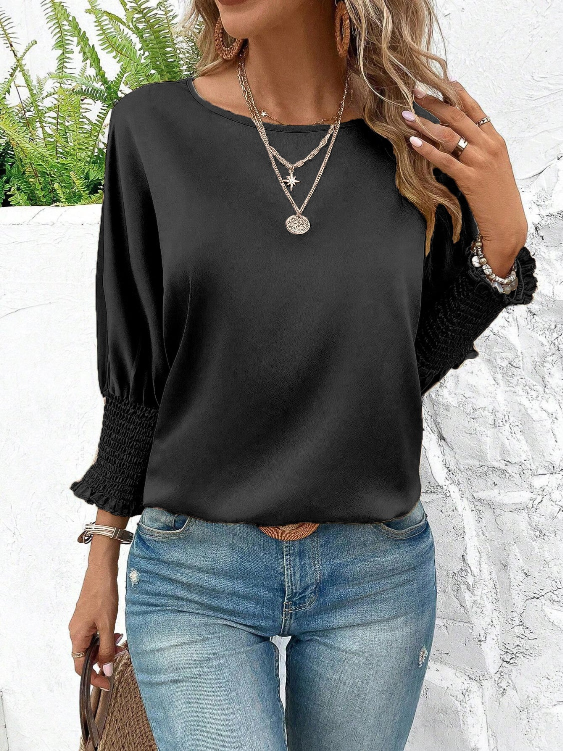 Smocked Round Neck Three-Quarter Sleeve Blouse Trendsi