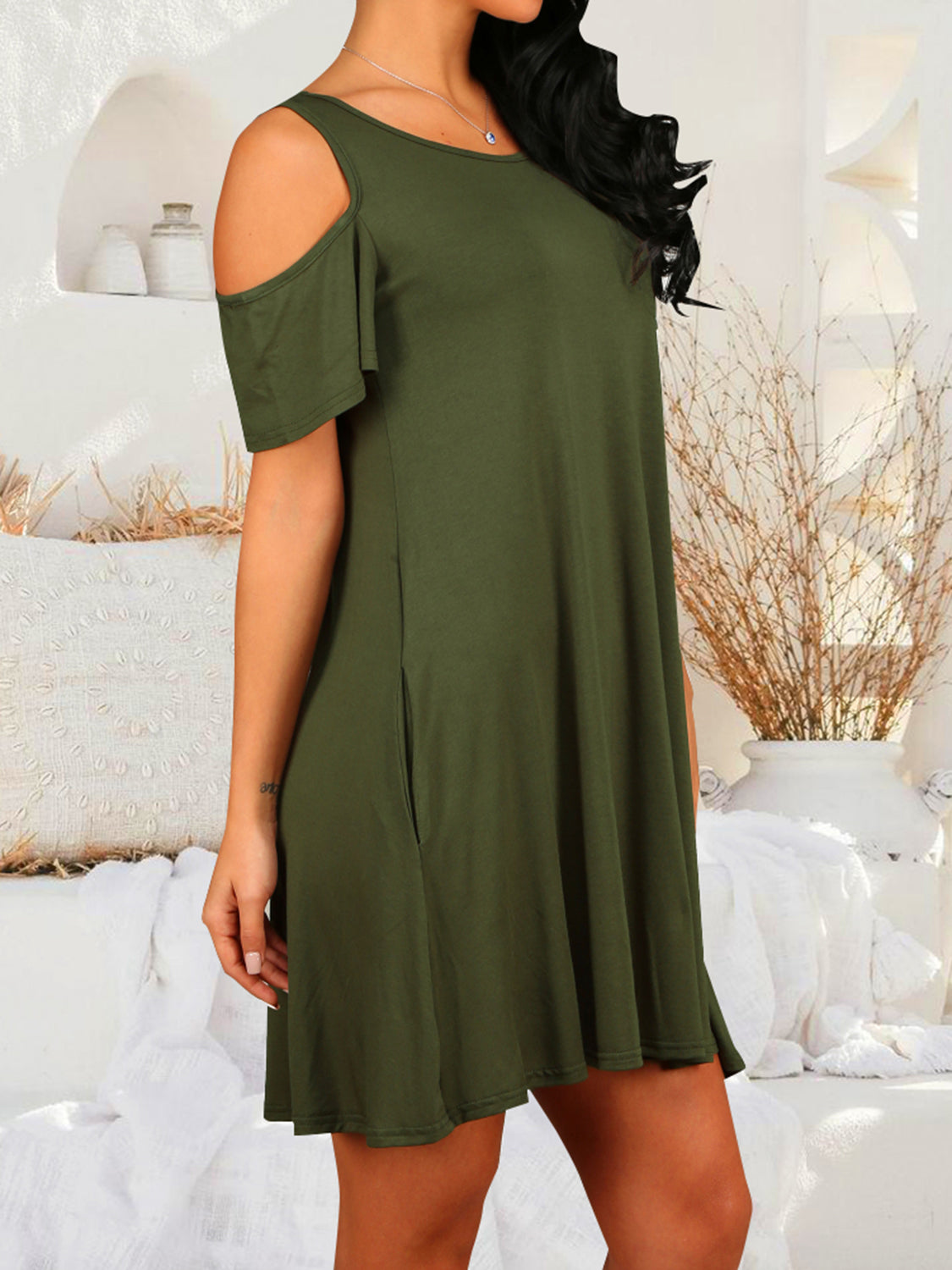 Round Neck Cold Shoulder Short Sleeve Dress - Flyclothing LLC