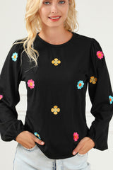 Flower Round Neck Long Sleeve Sweater