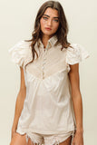 BiBi Half Button Collared Neck Short Sleeve Top Trendsi