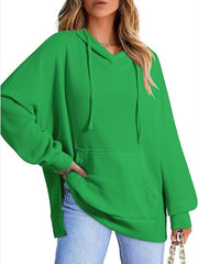 Drawstring Slit Long Sleeve Hoodie - Trendsi