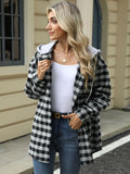 Drawstring Plaid Long Sleeve Hooded Jacket - Trendsi