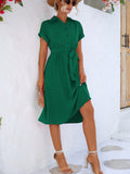 Buttoned Tie Waist Short Sleeve Dress - Flyclothing LLC