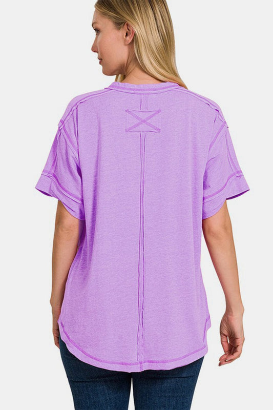 Zenana Exposed Seam Half Button Short Sleeve Top - Flyclothing LLC