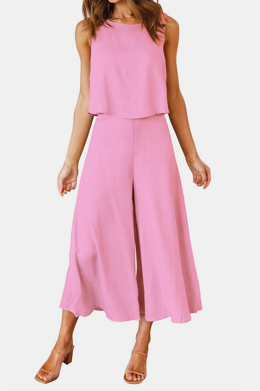 Round Neck Top and Wide Leg Pants Set Trendsi