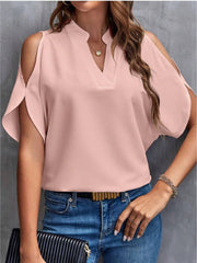 Notched Cold Shoulder Half Sleeve Blouse Trendsi