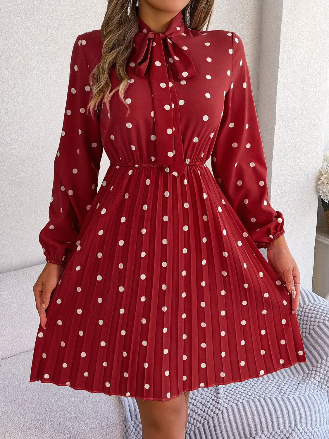 Polka Dot Tie Neck Pleated Dress - Flyclothing LLC