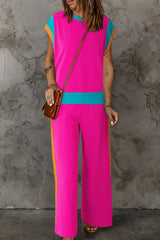 Contrast Round Neck Top and Pants Set Trendsi